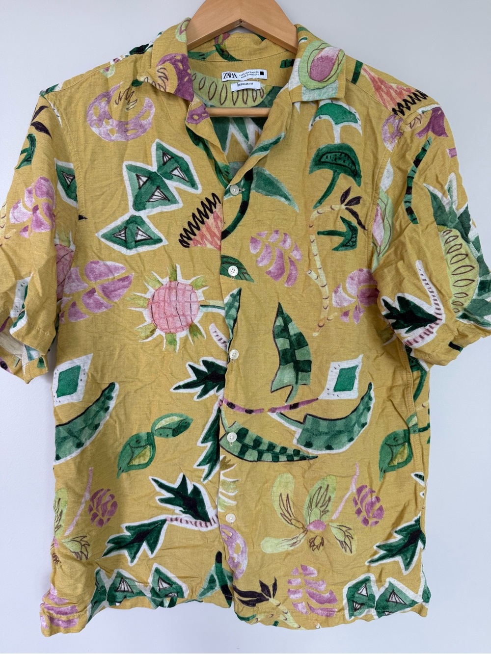 Zara Yellow Short Sleeve Button-Down Shirt with Green and Pink Tropical Print